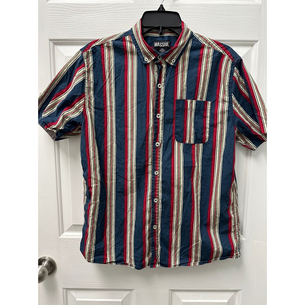 Massive Men's Button Down Striped Shirt Medium Navy Red
